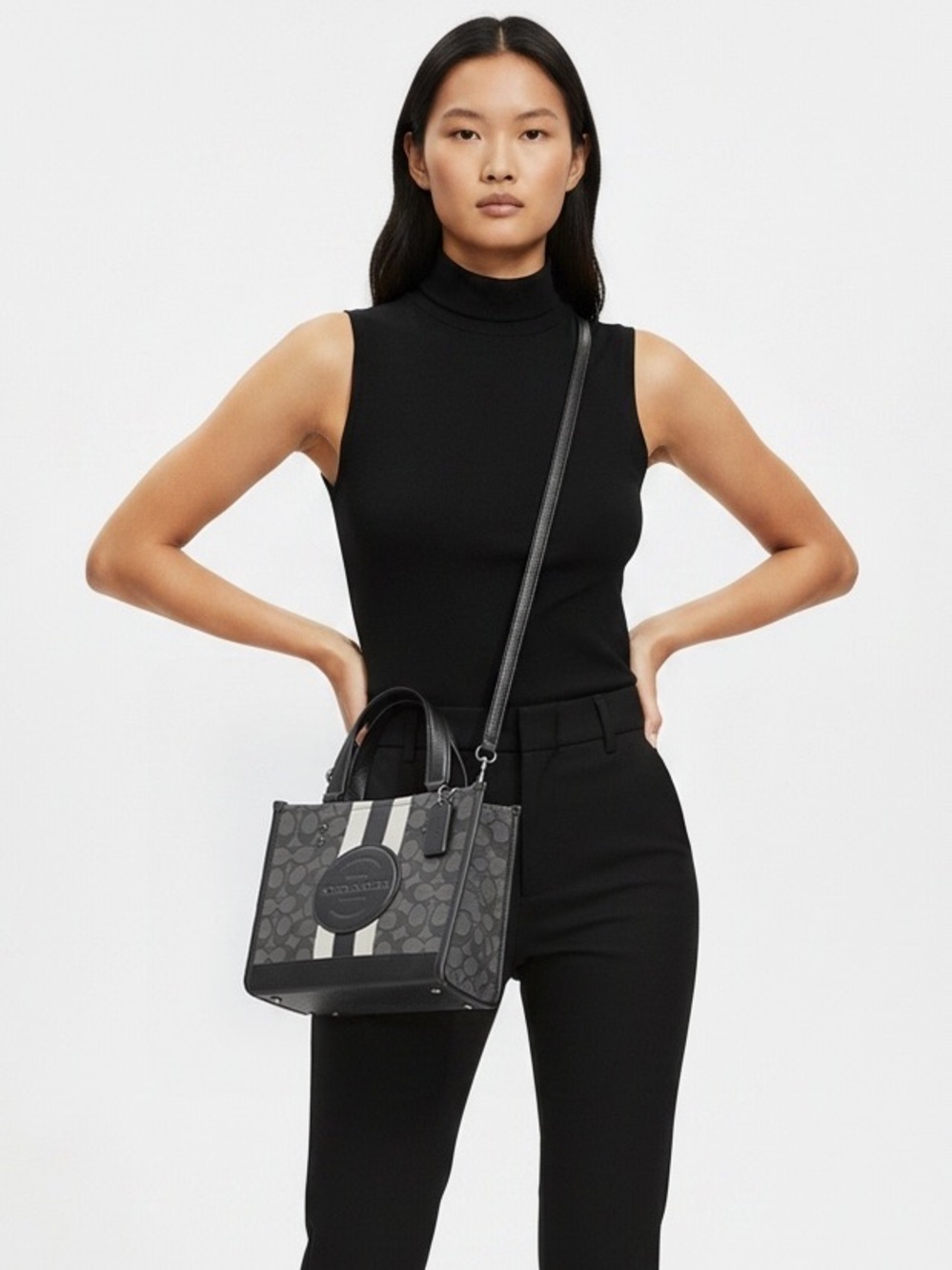 Coach Dempsey Tote 22 C8417 Signature Jacquard Stripe Black Crossbody Bag
